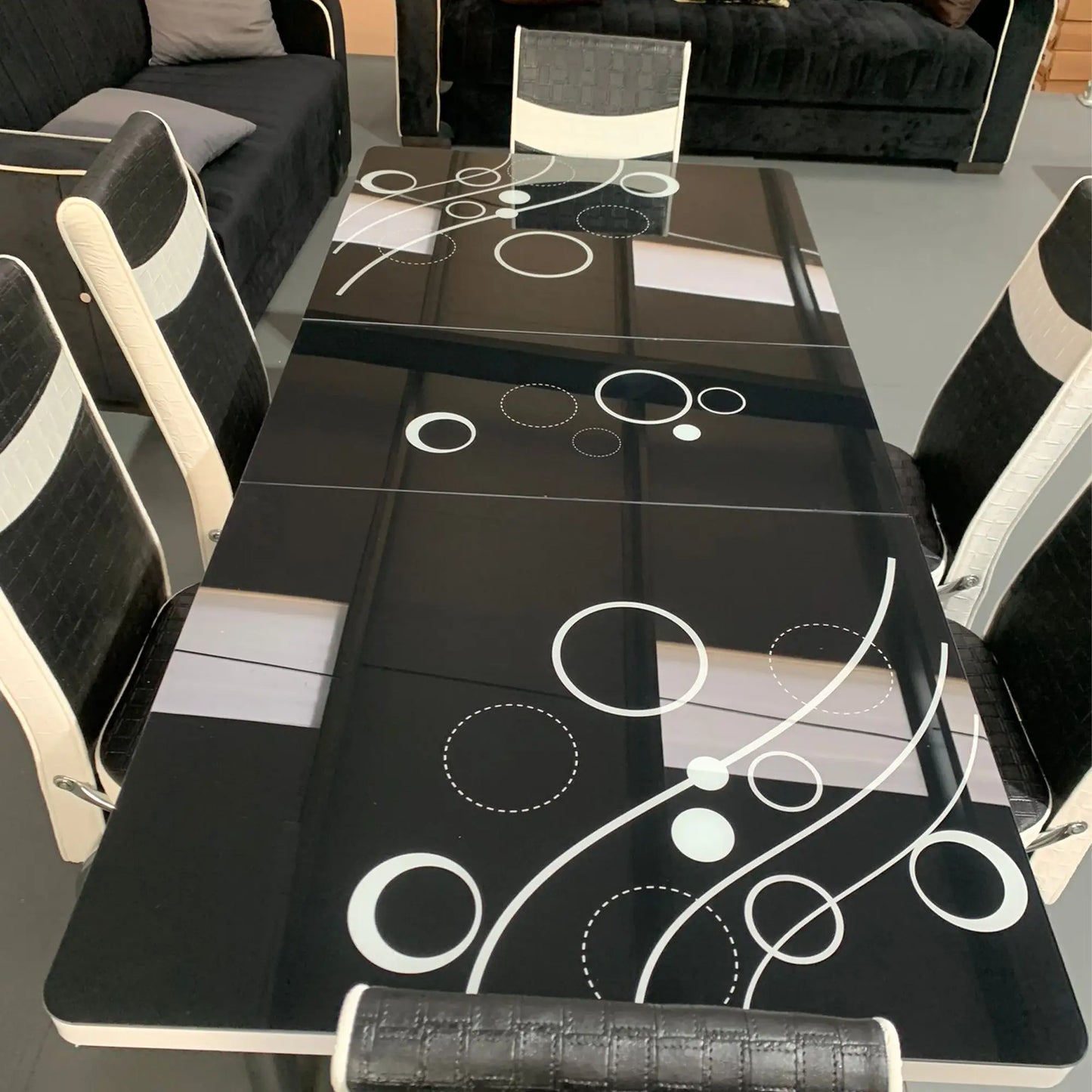 Black White Bubble Effect Dining Table and 6 Leather Chairs