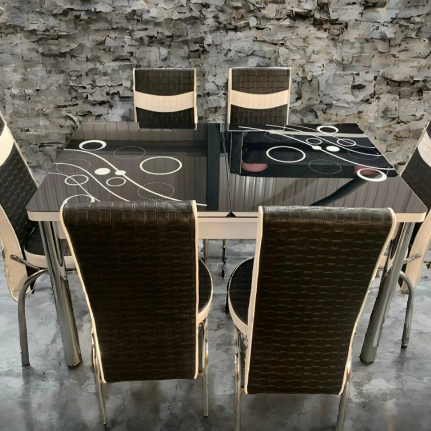 Black White Bubble Effect Dining Table and 6 Leather Chairs