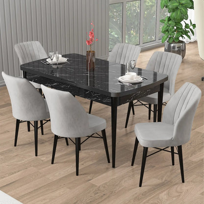 Epal Lux Dining Set – 1 Table & 6 Chairs - Black / Gray