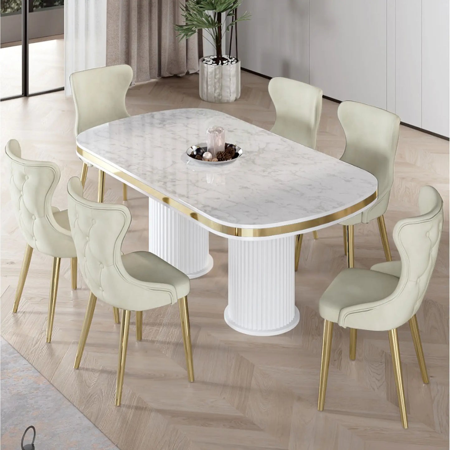 Galya Lux Dining Set – 1 Table & 6 Chairs - White / Cream