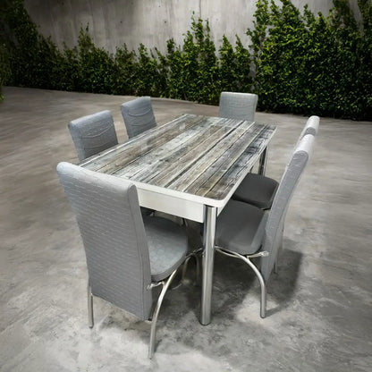 Gray Wooden Effect Dining Table and 6 Leather Chairs