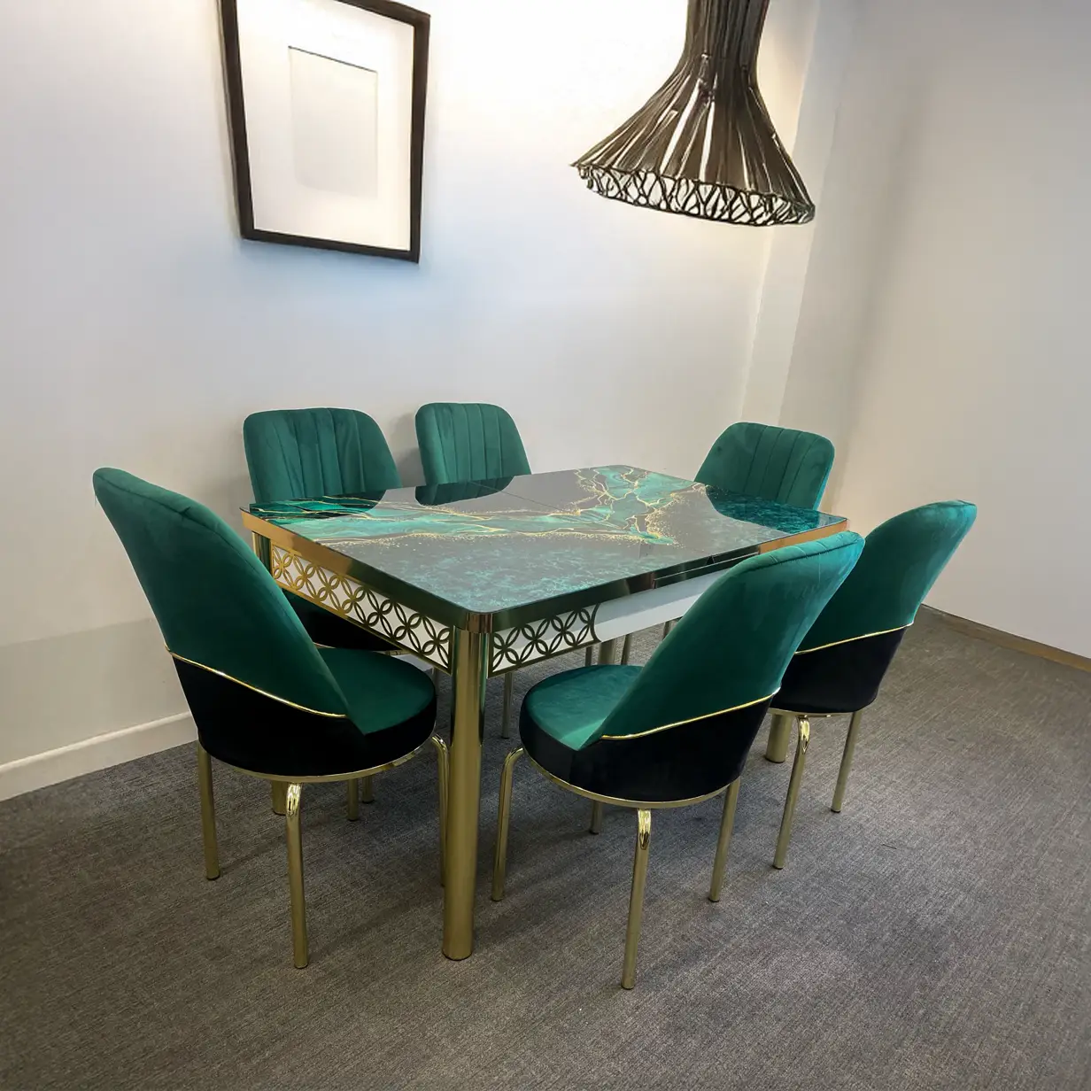 Green Gold Effect Dining Table and 6 Chairs