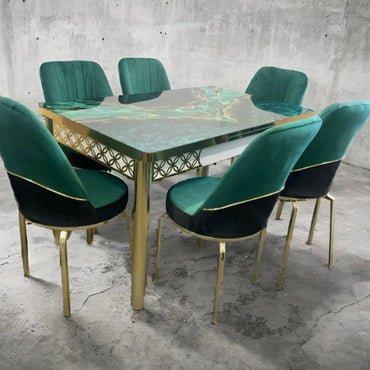 Green Gold Effect Dining Table and 6 Chairs