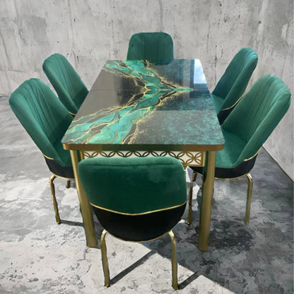 Green Gold Effect Dining Table and 6 Chairs