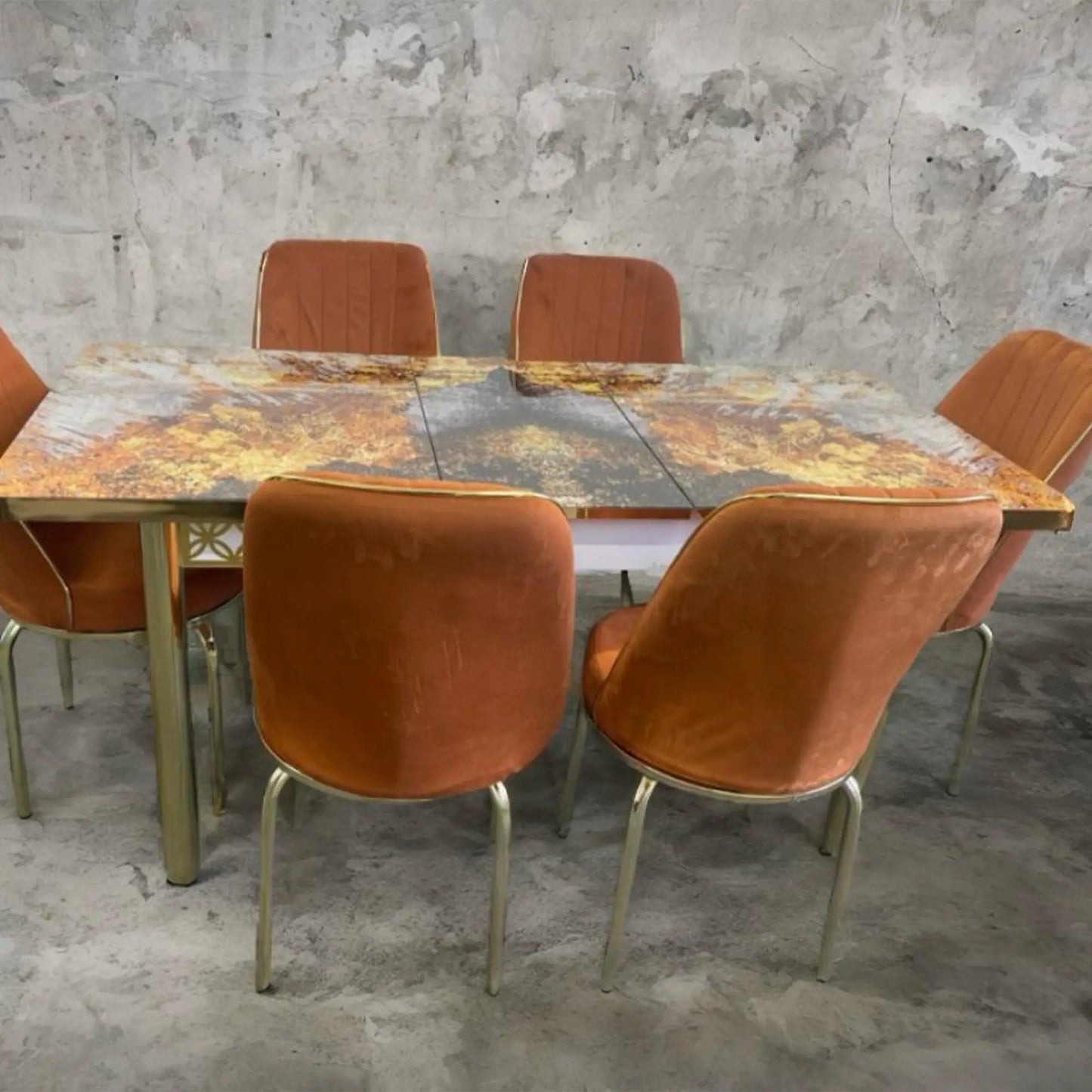 Orange Gold Effect Dining Table and 6 Chairs