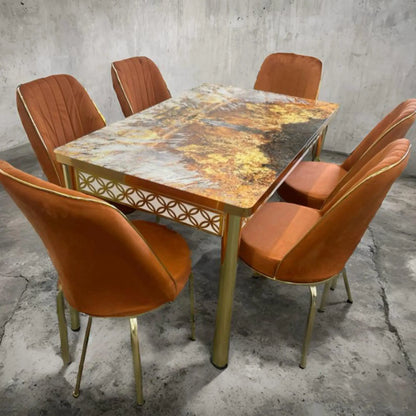 Orange Gold Effect Dining Table and 6 Chairs