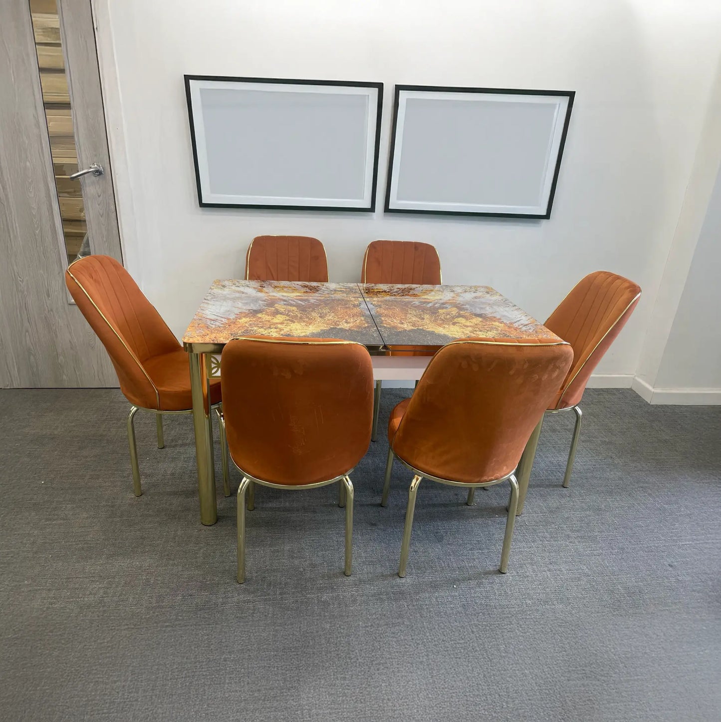 Orange Gold Effect Dining Table and 6 Chairs