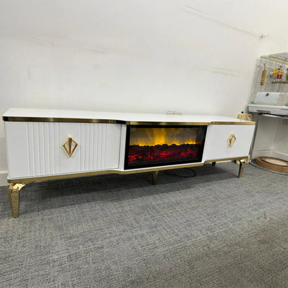 Remote Controlled Flame Effect TV Unit - White/Gold