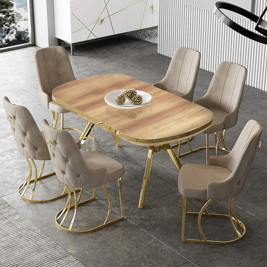 Uzi Lux Dining Set – 1 Table & 6 Chairs - Natural Wood / Beige