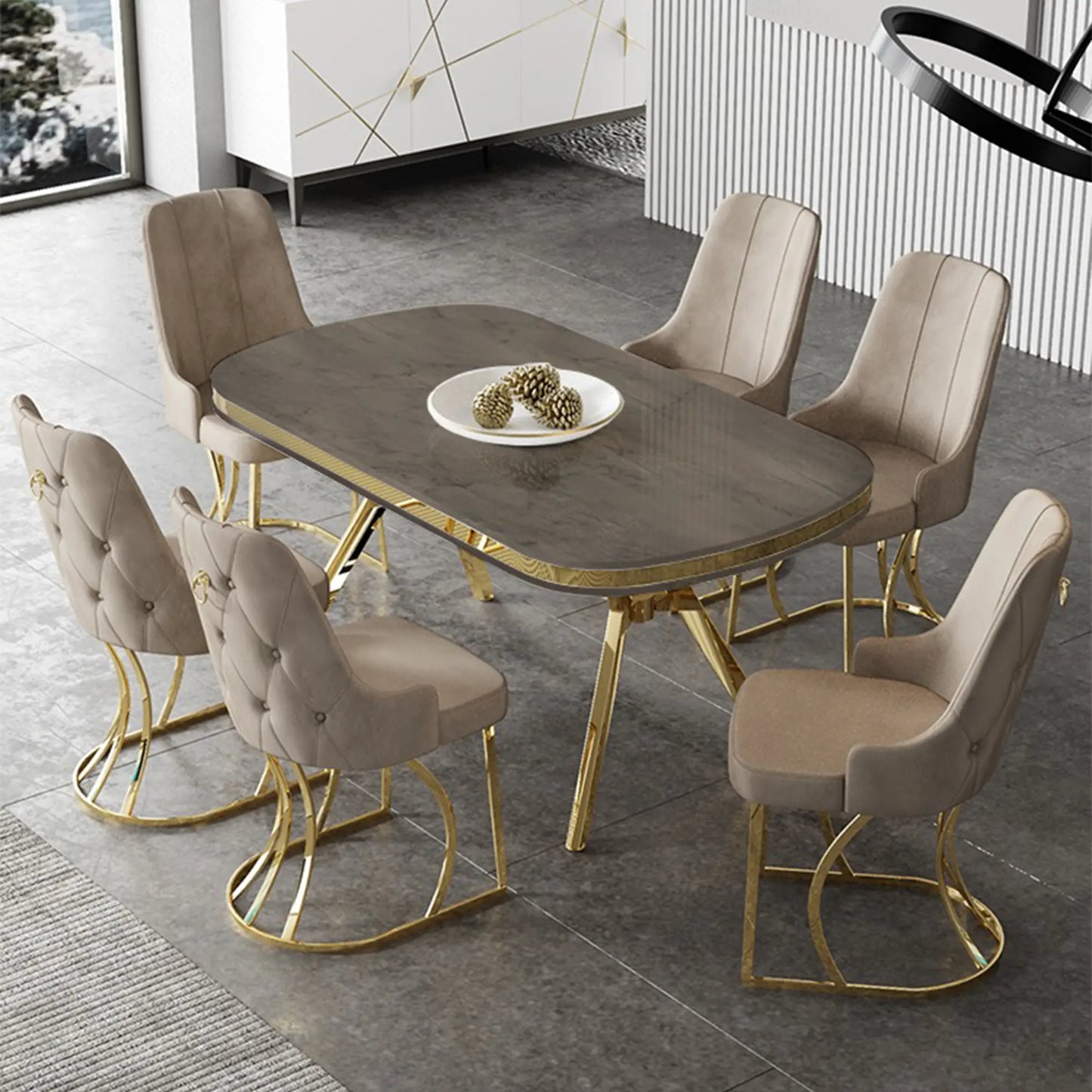 Uzi Lux Dining Set – 1 Table & 6 Chairs - Smoke / Beige