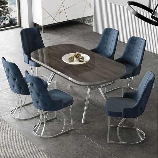 Uzi Lux Dining Set – 1 Table & 6 Chairs - Dark Brown / Dark Blue